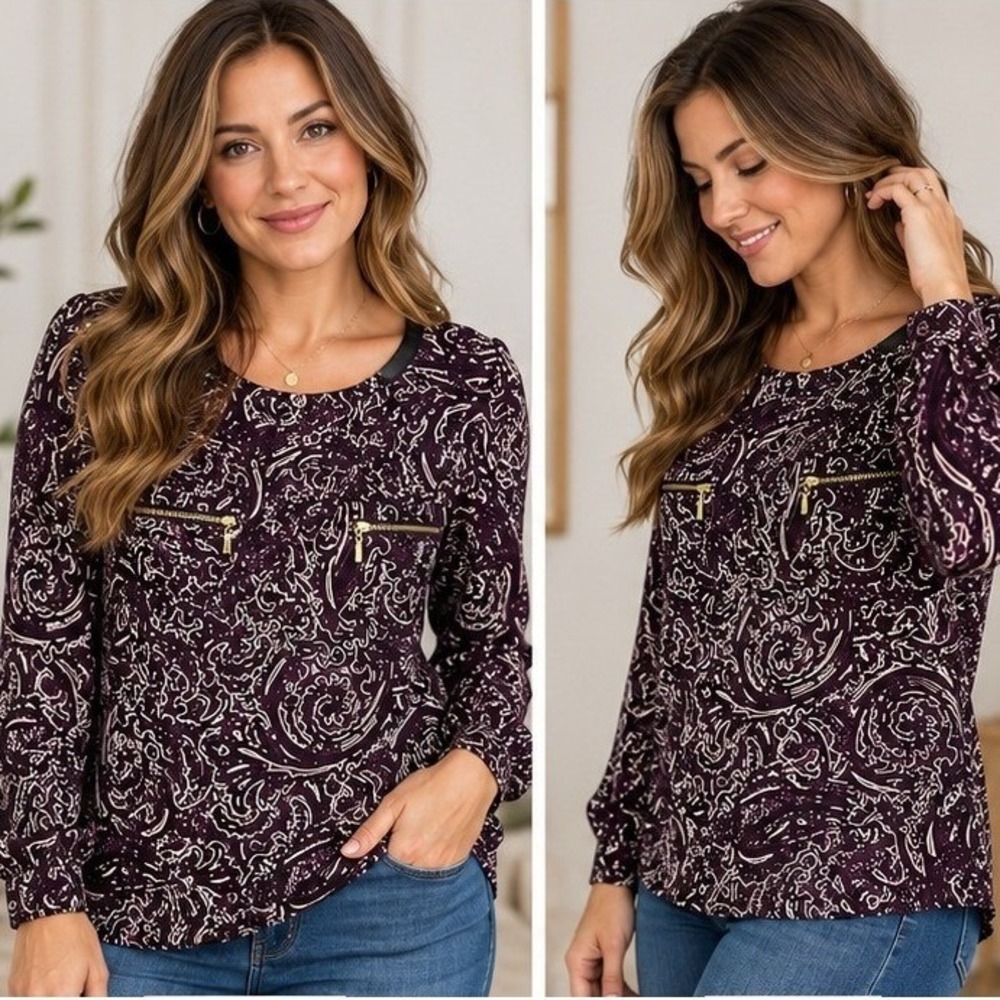 Rafaella Purple Paisley Blouse Faux Leather Trim Zipper Pockets Large L L/G